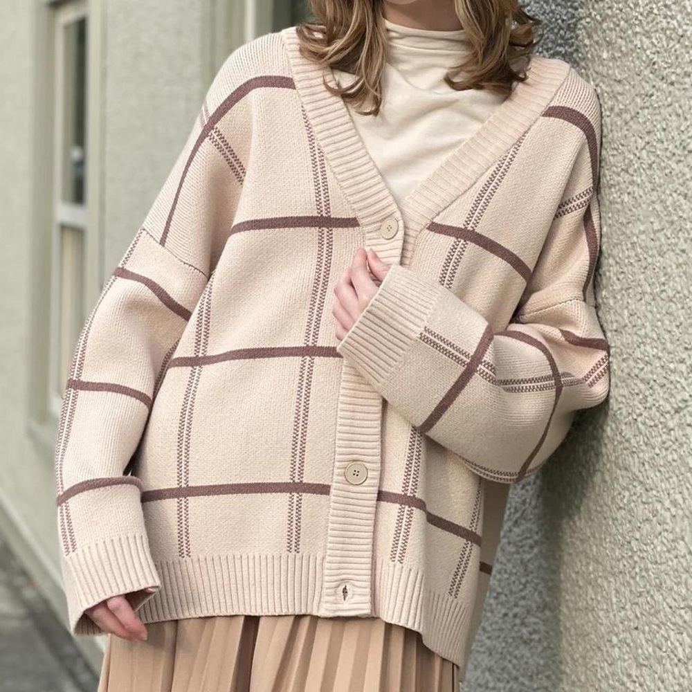 Plaid Beige Cardigan Sweater